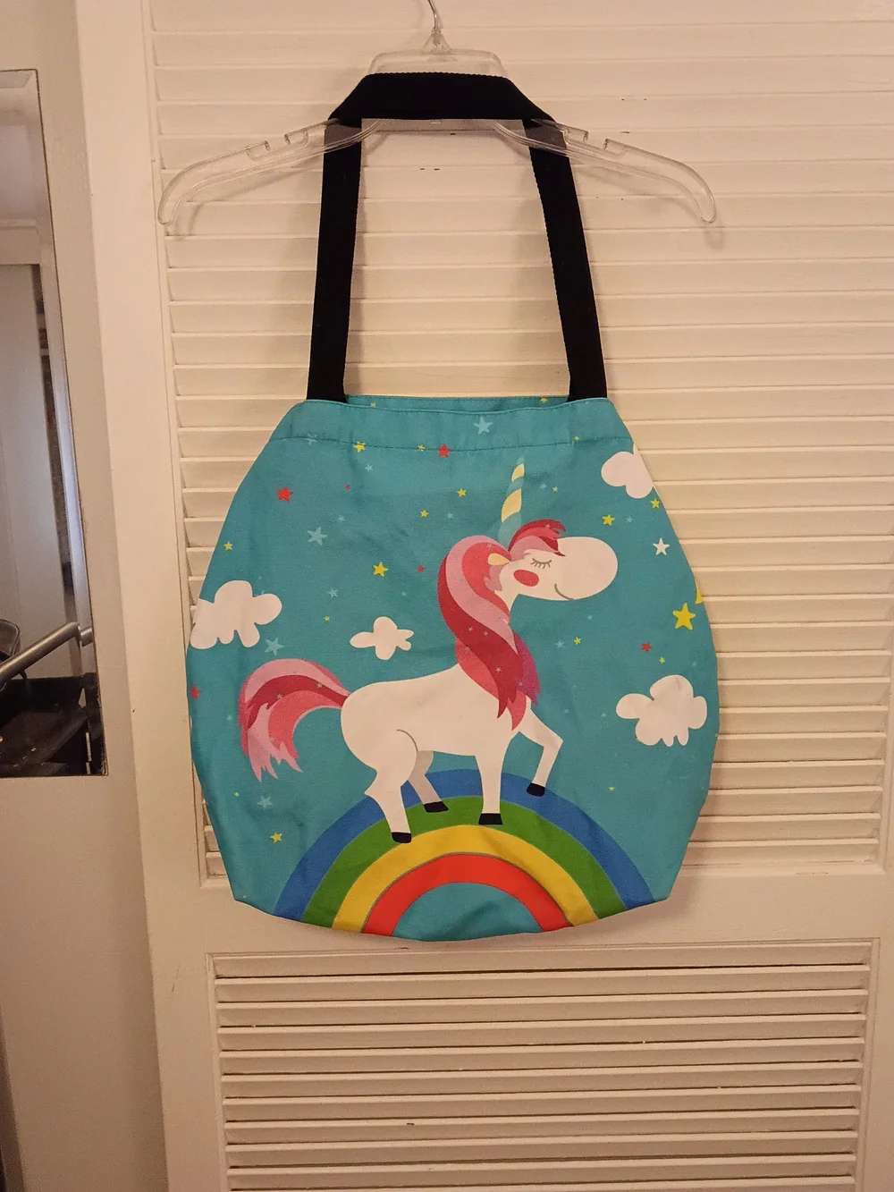 Kids Unicorn Rainbow Tote Bag - Turquoise with Black Handles